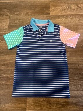 crown & ivy Navy Striped Polo with Aqua and Pink Sleeves